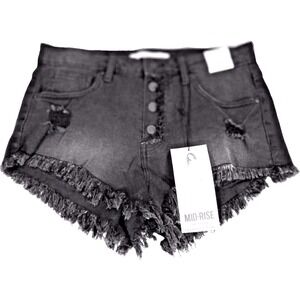 New Celebrity Pink Button Fly Jean Shorts Womens 11 Black Midrise Distress Jeans